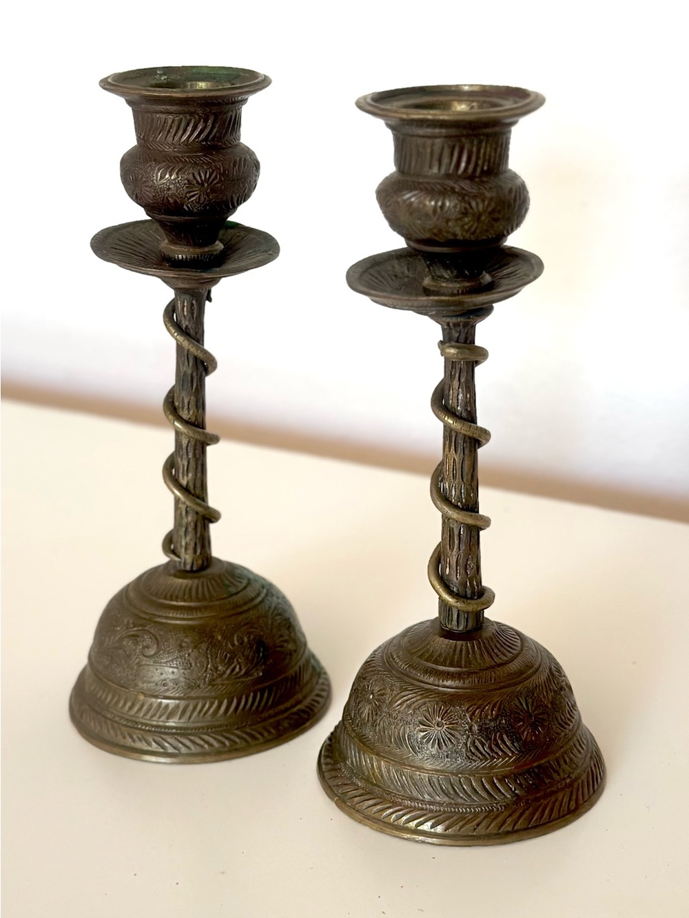 Vintage Brass Etched Candlestick Holders Twisted Spiral Twist Stem Pair